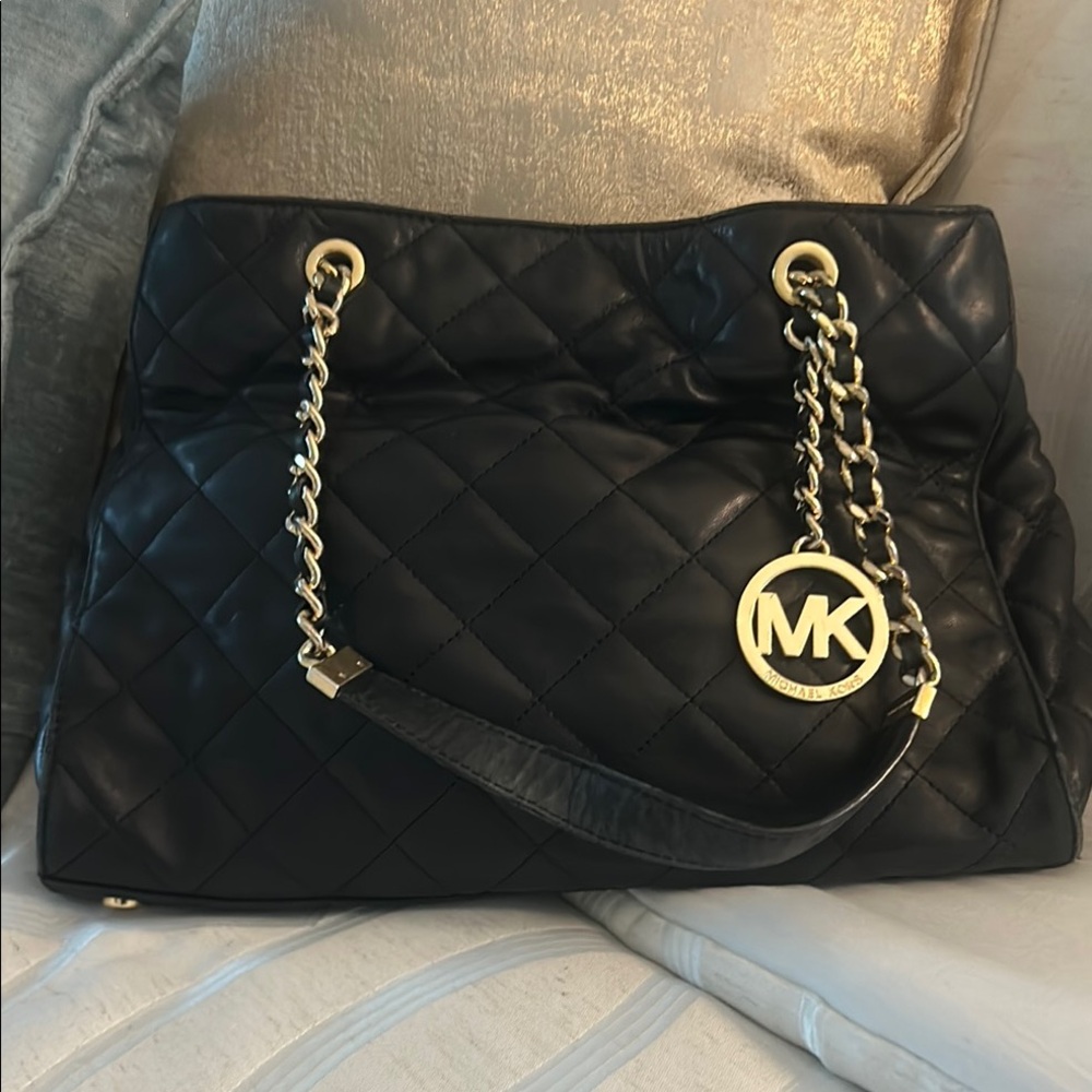 Michael Kors Black Shoulder Bag with Gold Chain Straps and Quilted Design